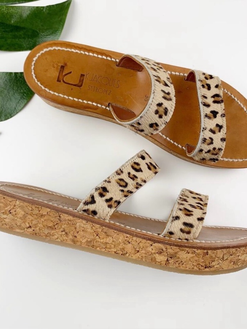 K Jacques St Tropez Goldani Leopard Print Sandals Cork Wedge Slip On 38
